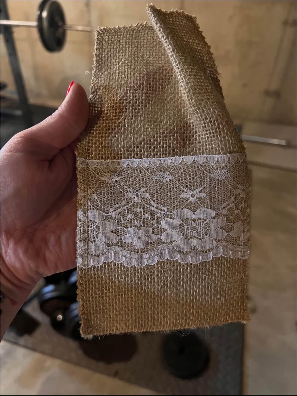 Burlap Ribbon with White Lace Trim cutlery holder